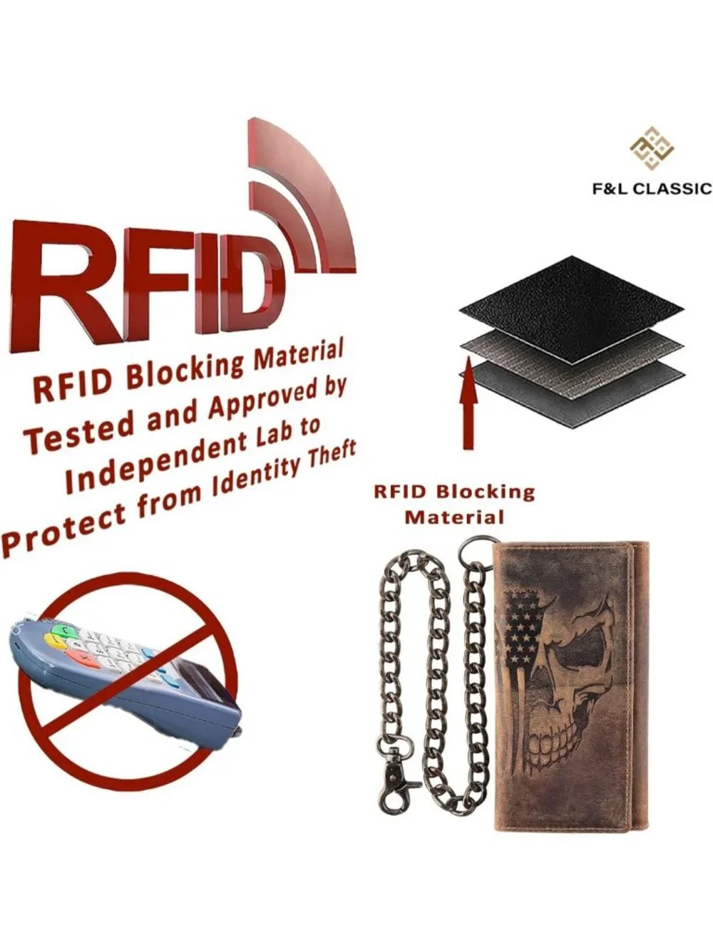 Classic RFID Blocking Men's Tri-Fold Leather Wallet with Steel Chain, Brown
